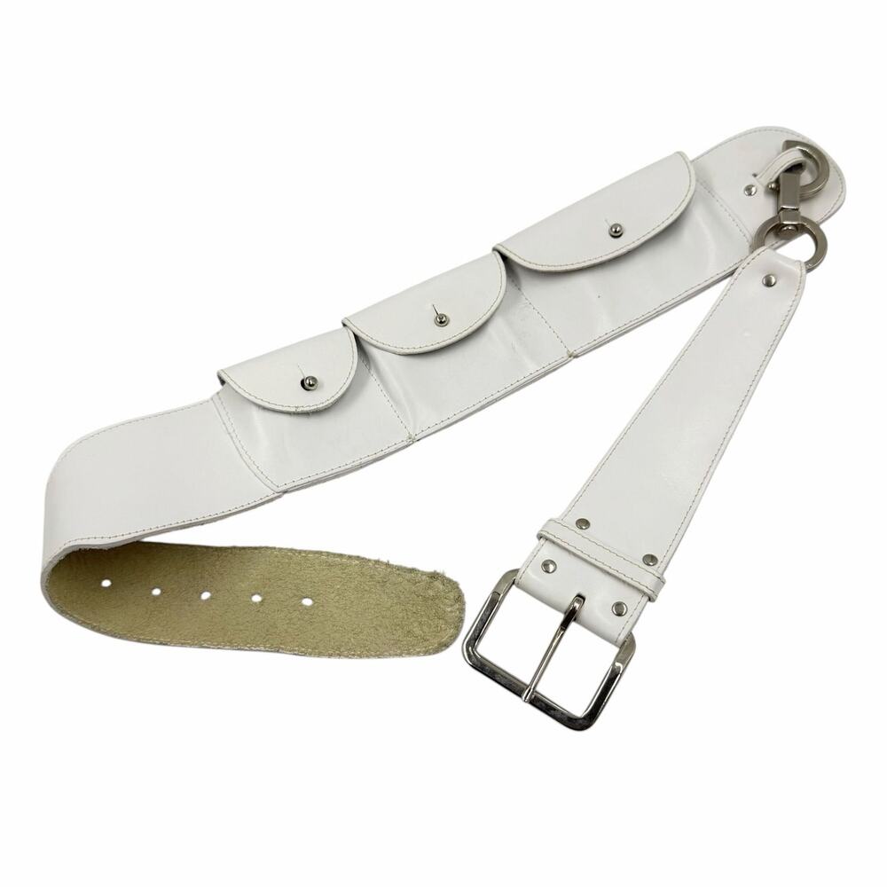 VTG 90s Y2K White Leather Multi Pocket Utility Belt Pouch Festival Petite Small